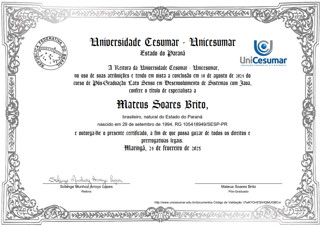 Certificado de Pós-Graduação Java