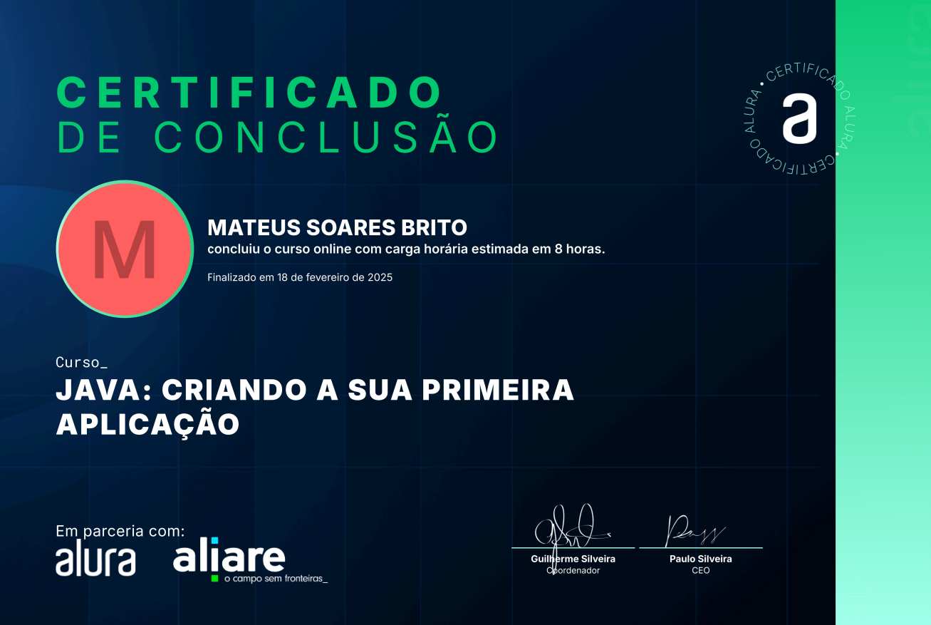 Certificado de Pós-Graduação Java - Primeira Aplicação